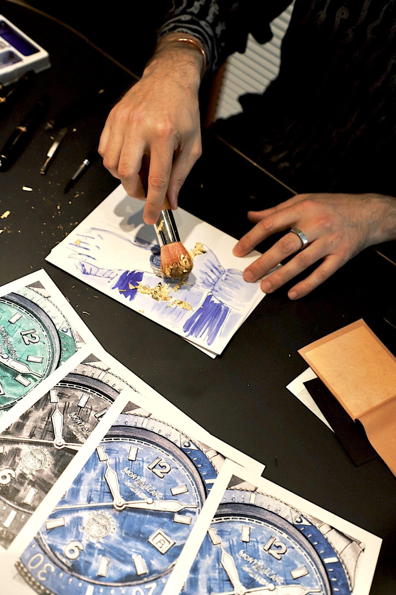 Live drawing and materials at the Montblanc Watches and Wonders event.
