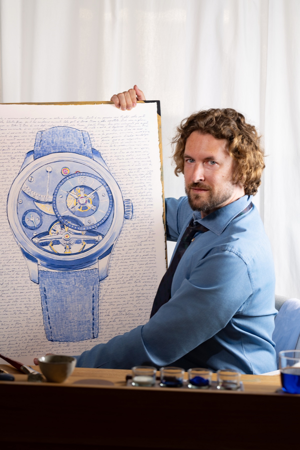 The artist with the finished Balancier Contemporain Letter to Time work.