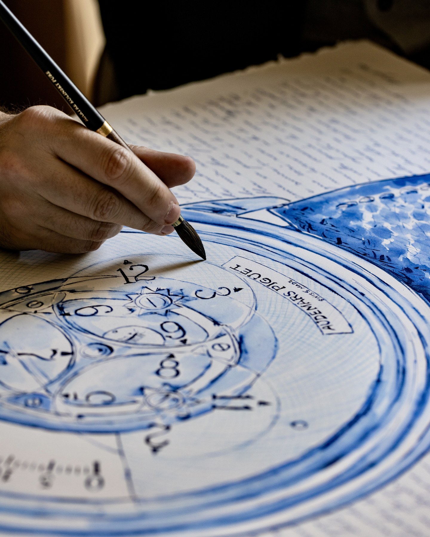 Close view of a brush on the Star Wheel dial drawing, with the handwritten letter around it.