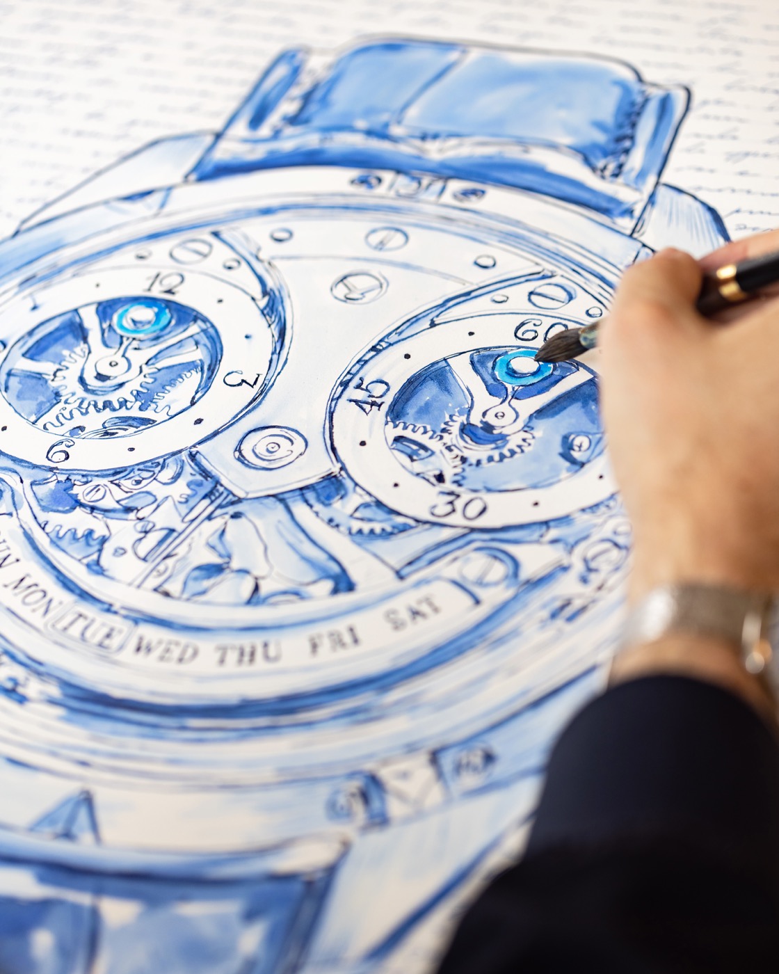 Close view of blue ink being applied to the watch dial drawing.