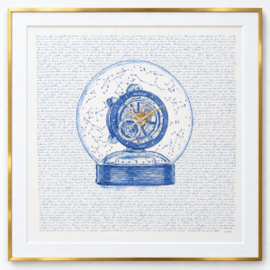 Studio visualisation of Atmos in a square gold frame with a white mount.