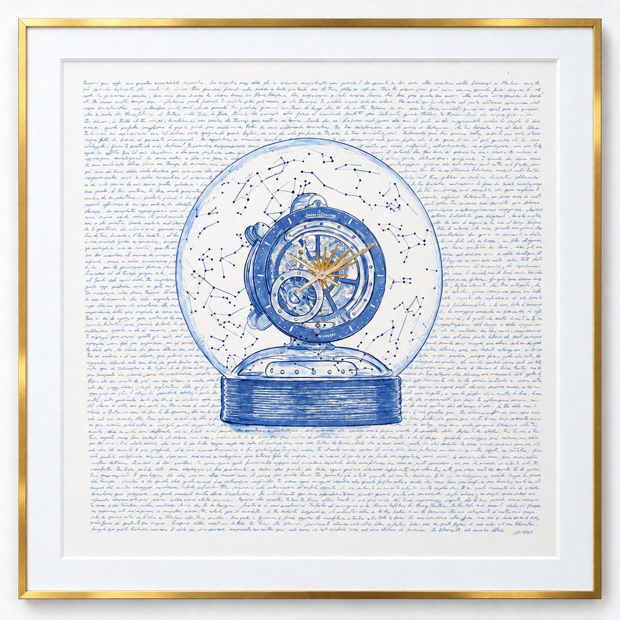 Studio visualisation of Atmos in a square gold frame with a white mount.