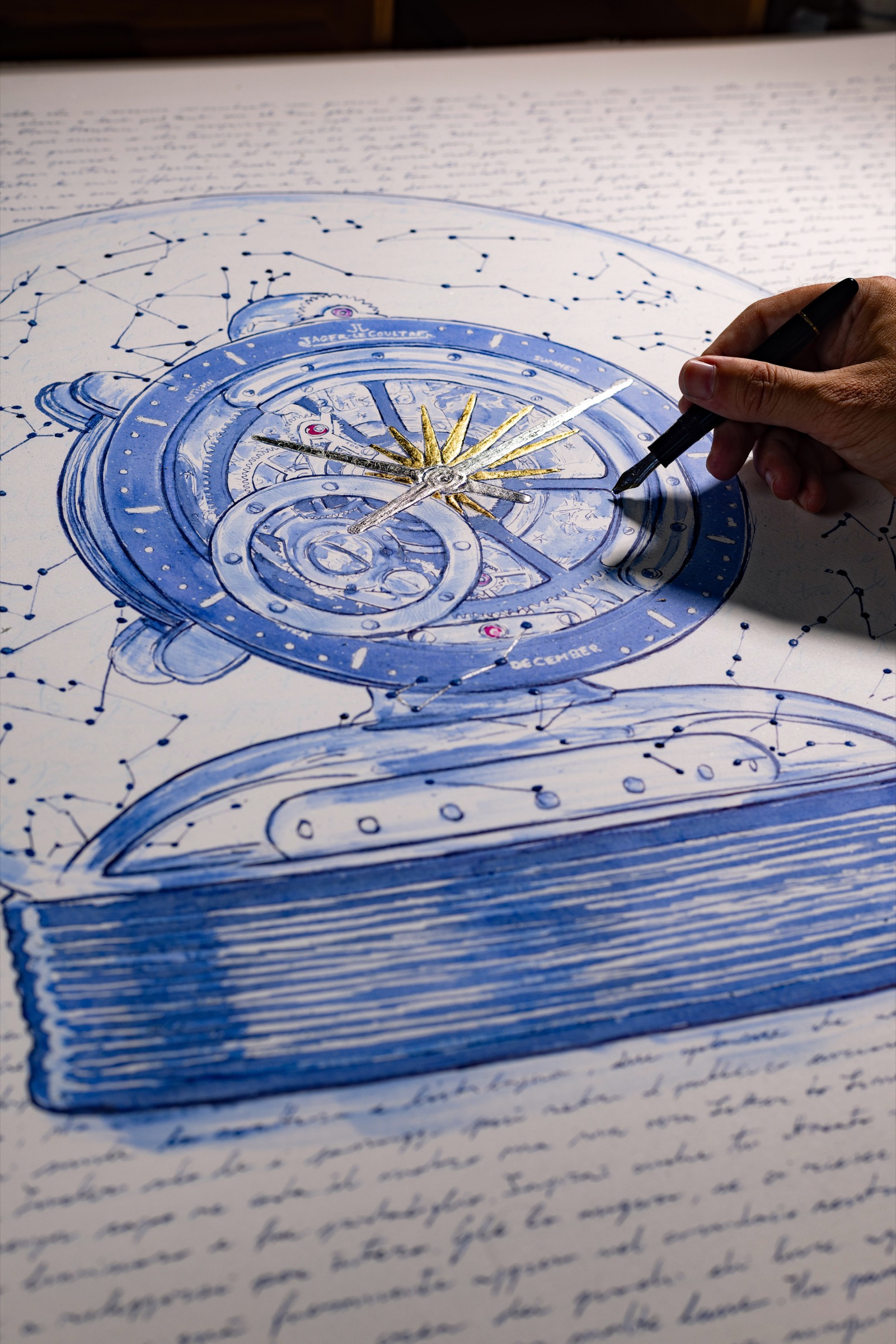 A fountain pen working beside the blue-ink mechanism and gold details of Atmos.