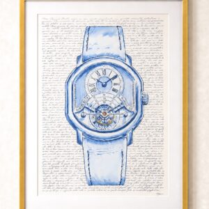 Close view of the Daniel Roth Tourbillon artwork presented in a slim gold frame.