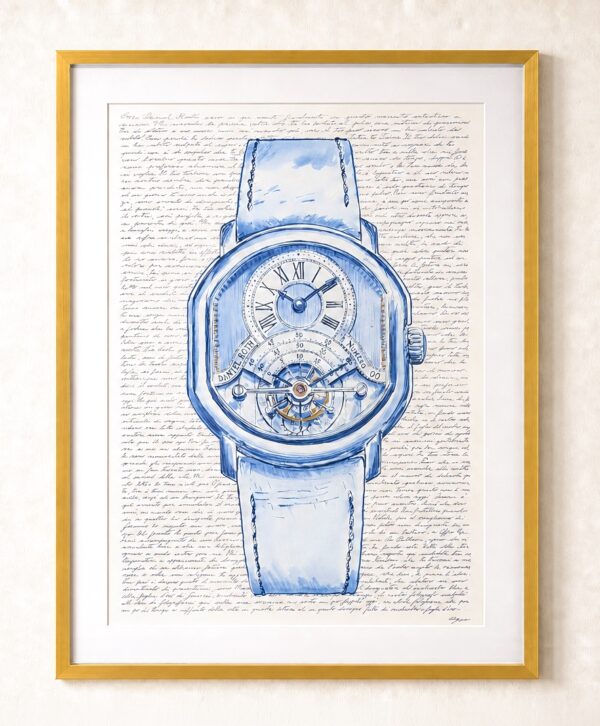 Close view of the Daniel Roth Tourbillon artwork presented in a slim gold frame.