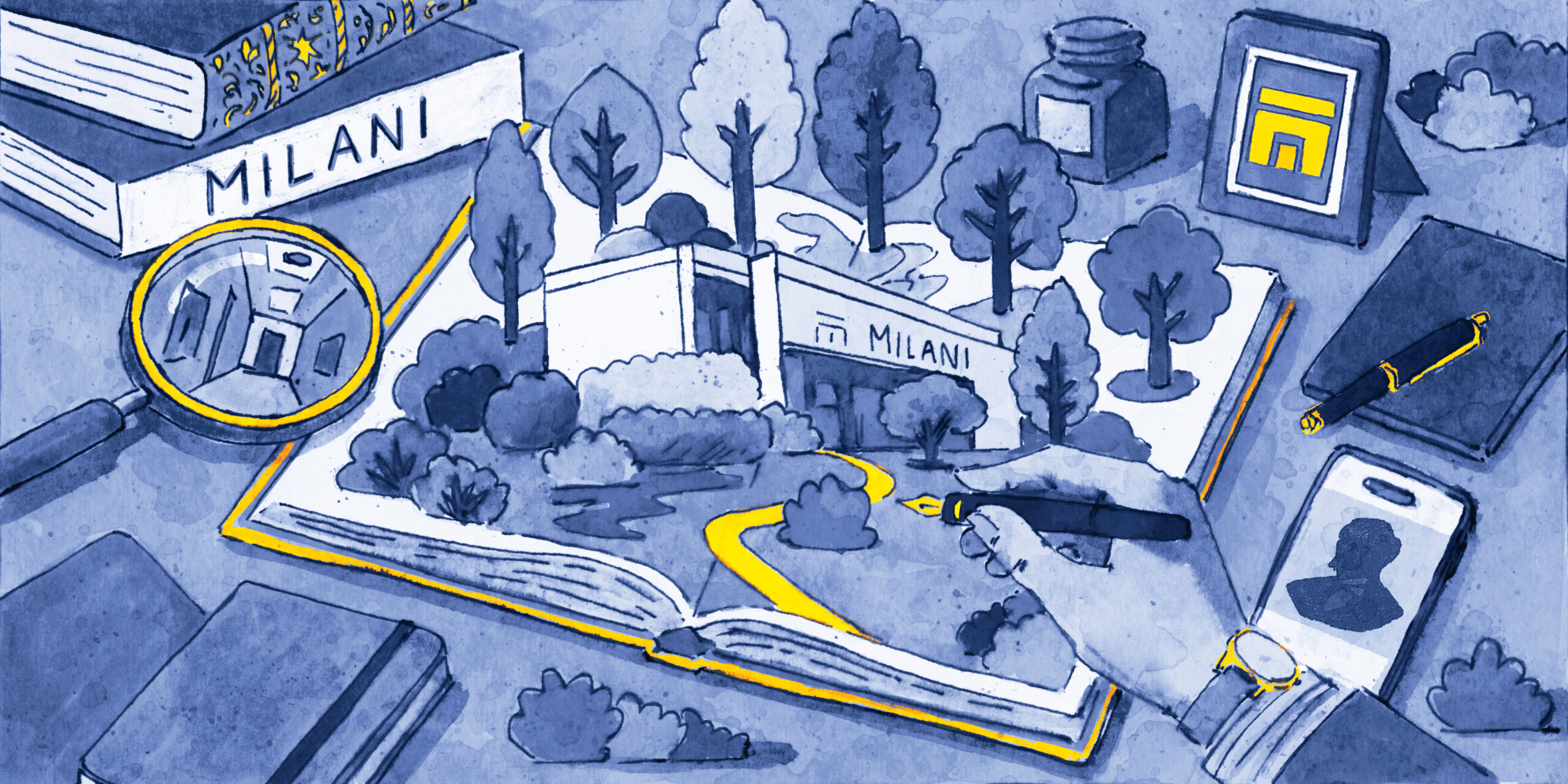 Blue-ink and gold illustration created by Mauro Carraro for Grafiche Milani's 120th anniversary.