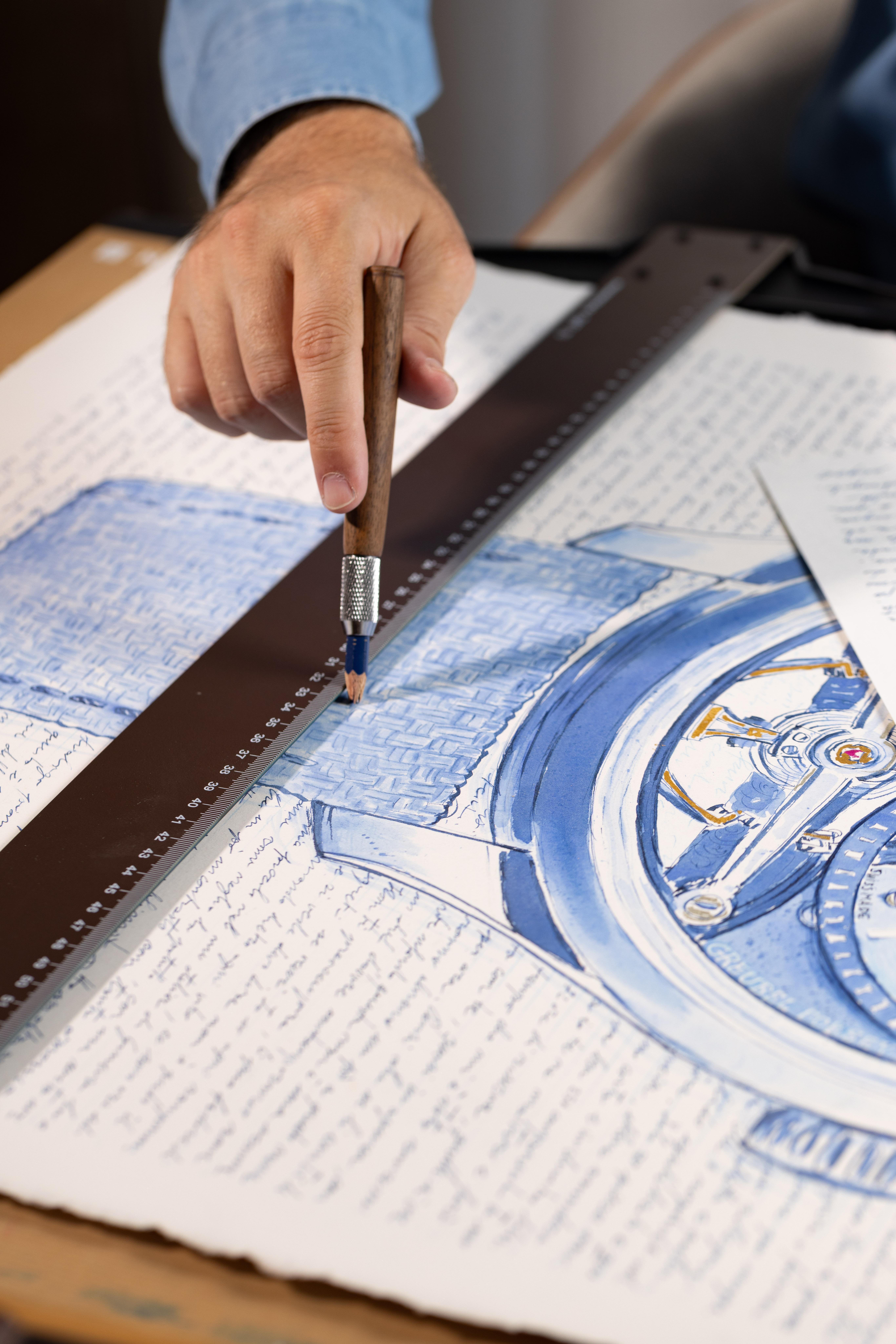A measured line across the blue drawing.