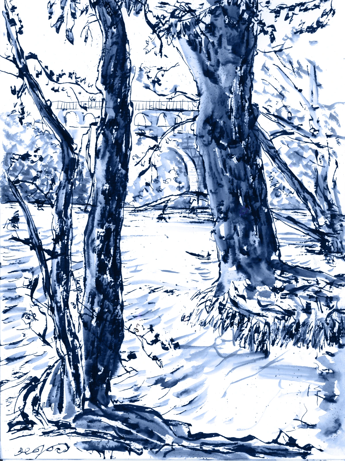Blue-ink Rhône Sauvage drawing inspired by the Rhône riverbanks at Saint-Jean, Geneva.