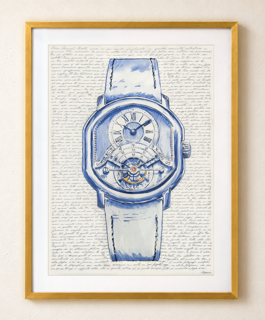 Daniel Roth Tourbillon Letter to Time artwork by Mauro Carraro, presented with a neutral passe-partout and gold frame.