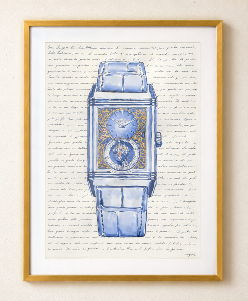 Reverso Hybris Artistica original artwork by Mauro Carraro, presented in a gold frame.