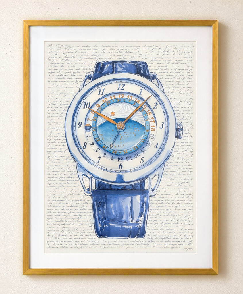 Mauro Carraro’s De Bethune Starry Varius artwork, shown in a framed presentation study, separately from the size study
