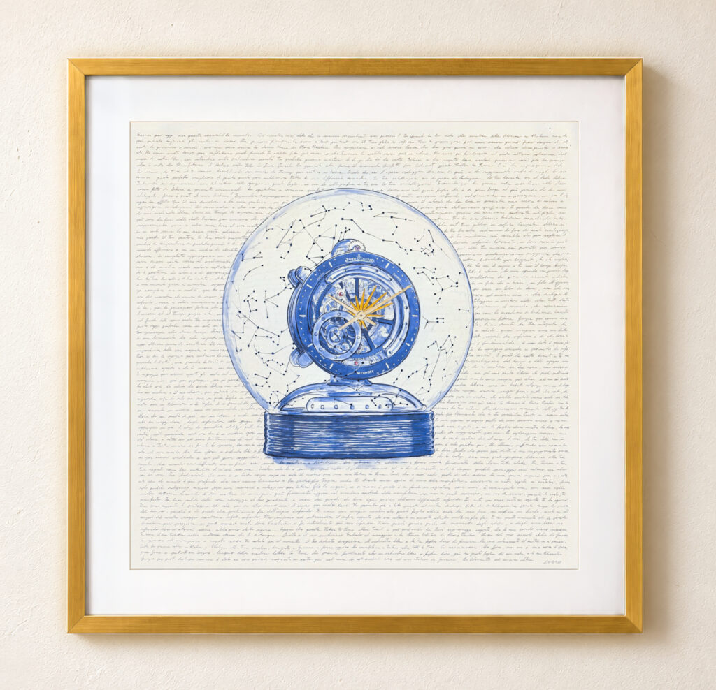 Atmos Letter to Time artwork by Mauro Carraro, presented in a square gold frame with a neutral passe-partout.