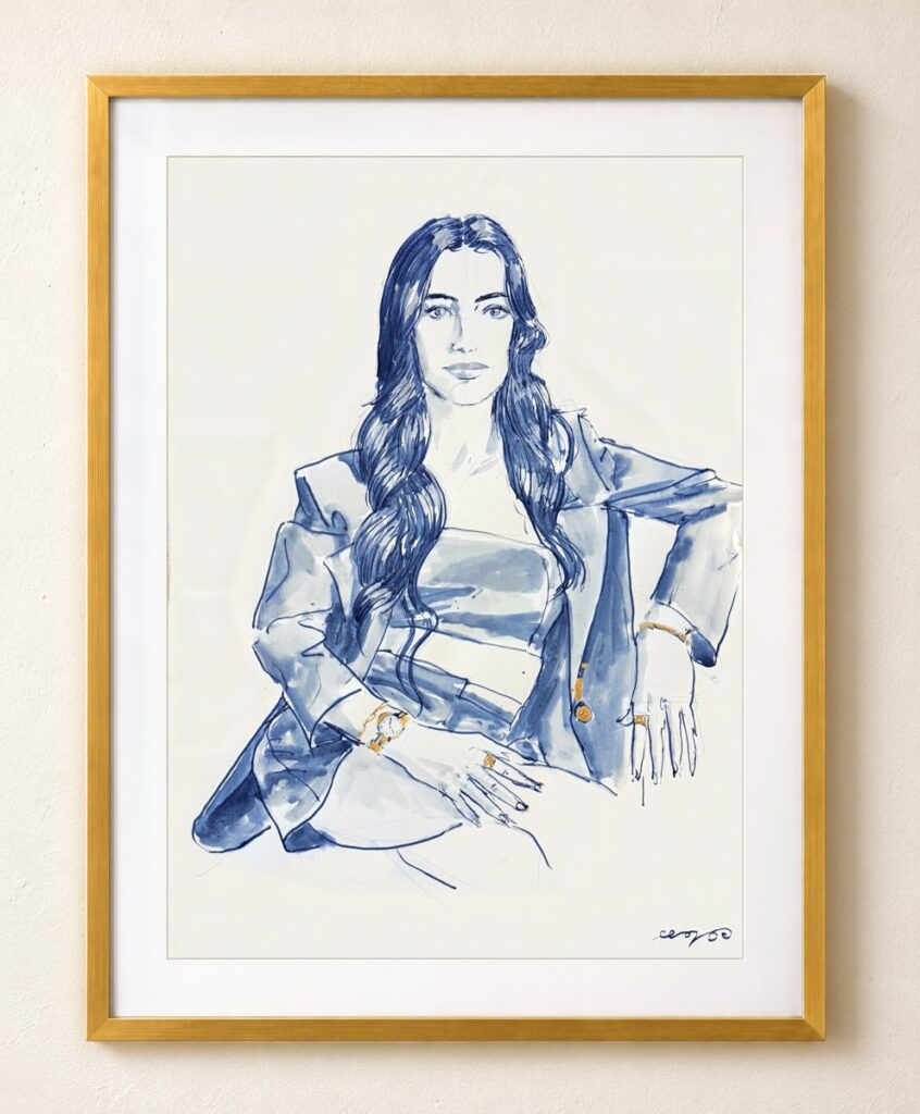First portrait of Antonia by Mauro Carraro, in blue ink and gold, shown in a digital gold-frame presentation.