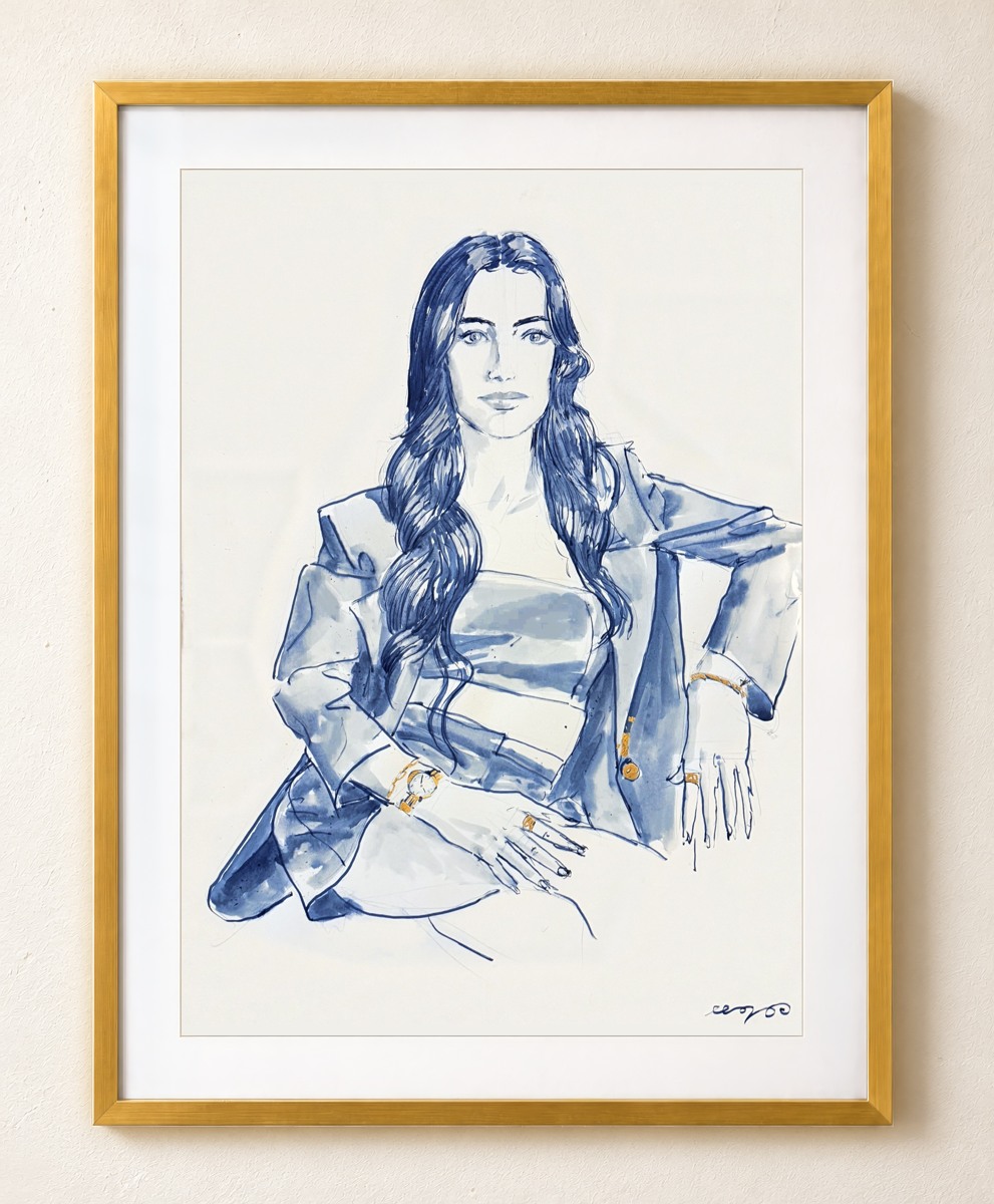 First portrait of Antonia in blue ink and gold, gold-framed presentation