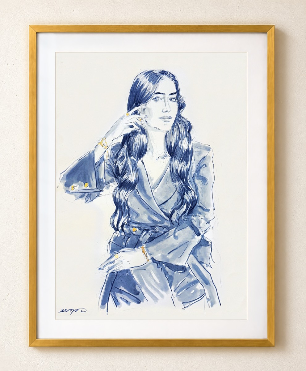 Second portrait of Antonia in blue ink and gold, gold-framed presentation