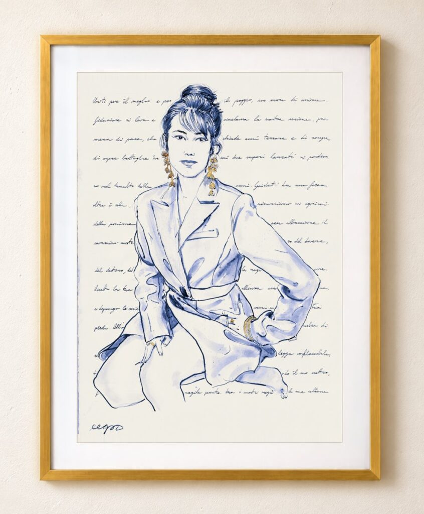 First poetic portrait by Mauro Carraro, in blue ink and gold, shown in a digital gold-frame presentation.