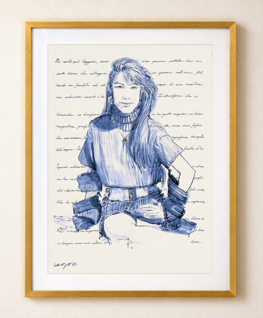 Second poetic portrait by Mauro Carraro, in blue ink and gold, shown in a digital gold-frame presentation.