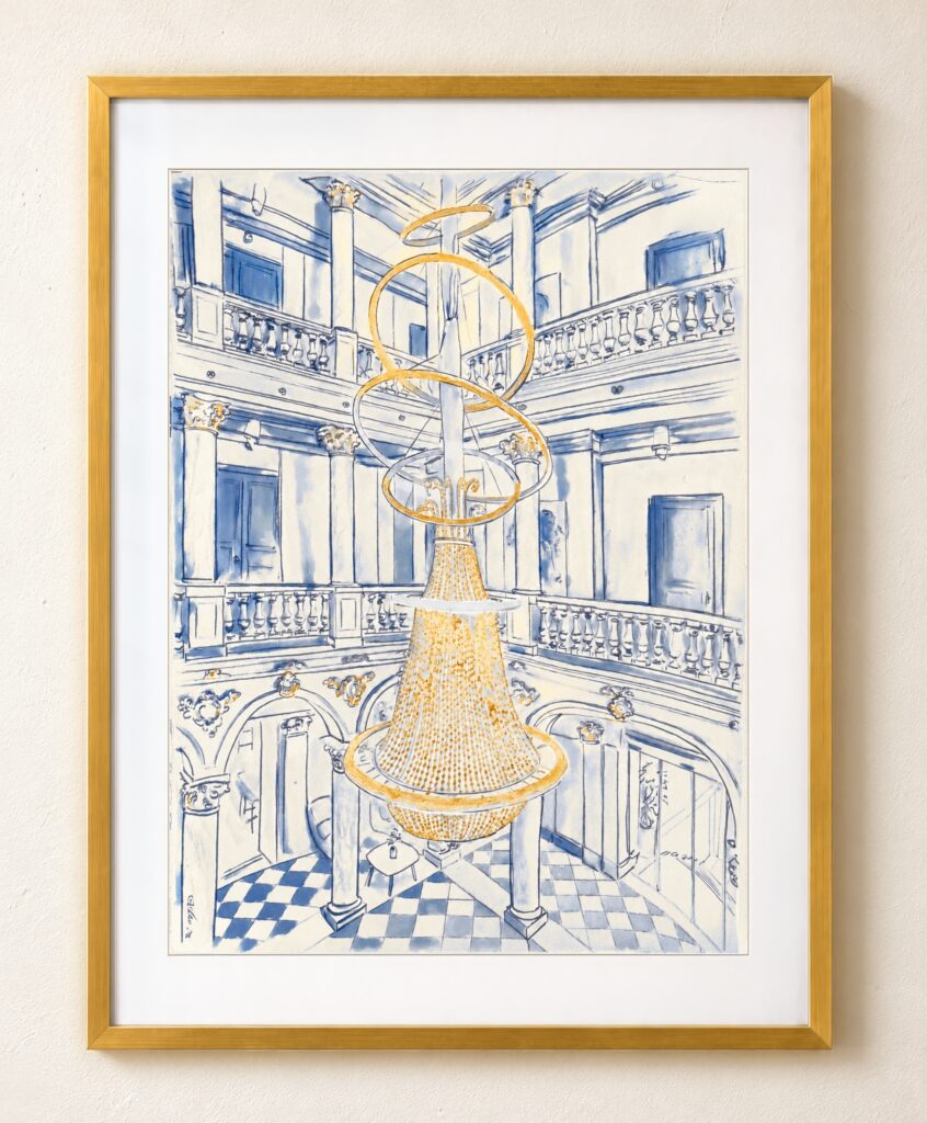 Ritz-Carlton chandelier tribute by Mauro Carraro, shown in a gold frame with passepartout.