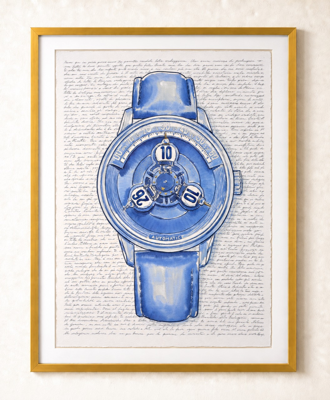 A Letter to Time: complete blue ink and gold leaf artwork with its frame and surrounding wall