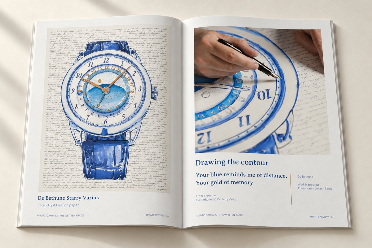 The Written Image digital publication shown open at the De Bethune artwork and drawing process.