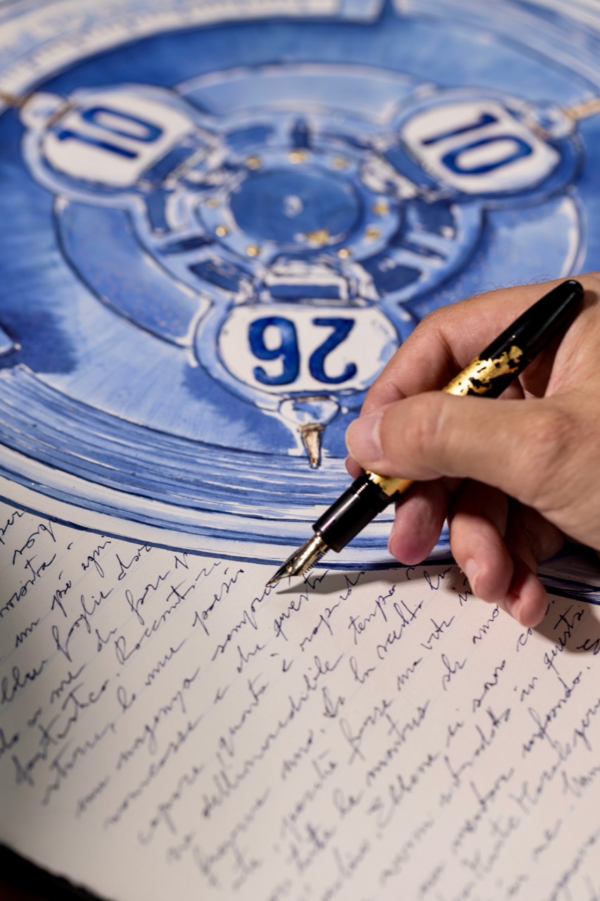 Fountain pen and handwritten text surrounding the watch drawing.