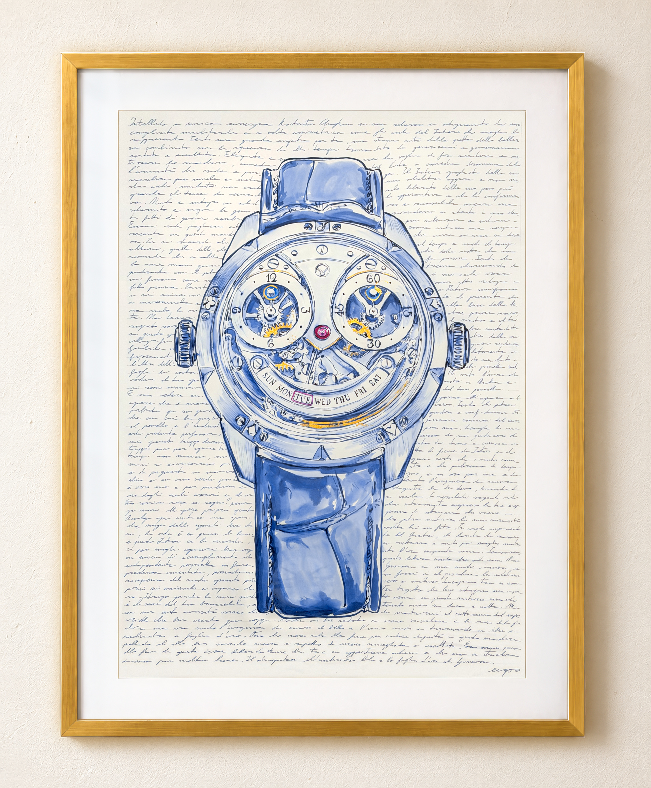 Chaykin Golden Mask by Mauro Carraro: blue-ink drawing and handwriting presented in a gold frame.