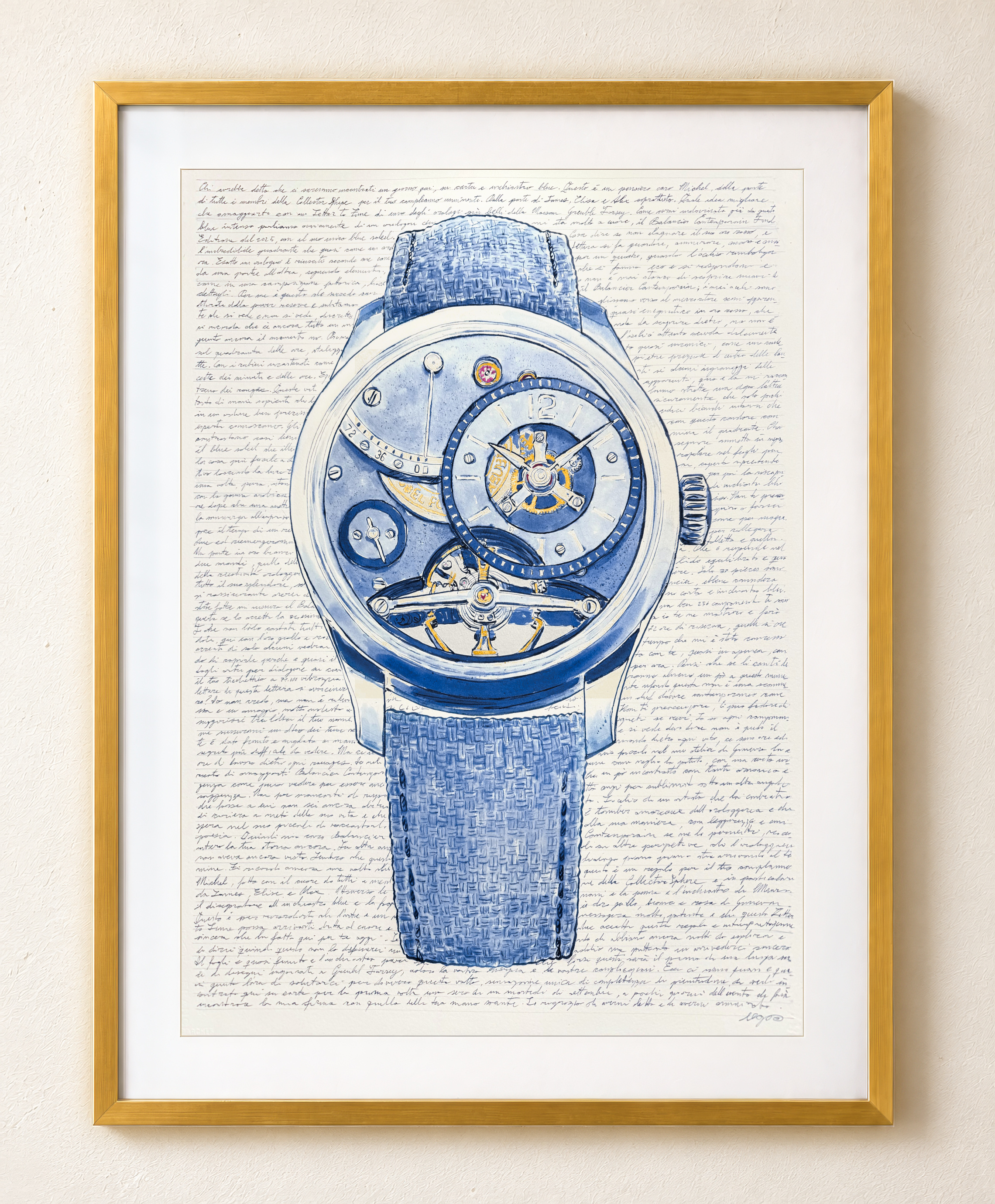 Greubel Forsey Balancier Contemporain Letter to Time artwork by Mauro Carraro, with blue-ink drawing and handwriting in a gold frame.
