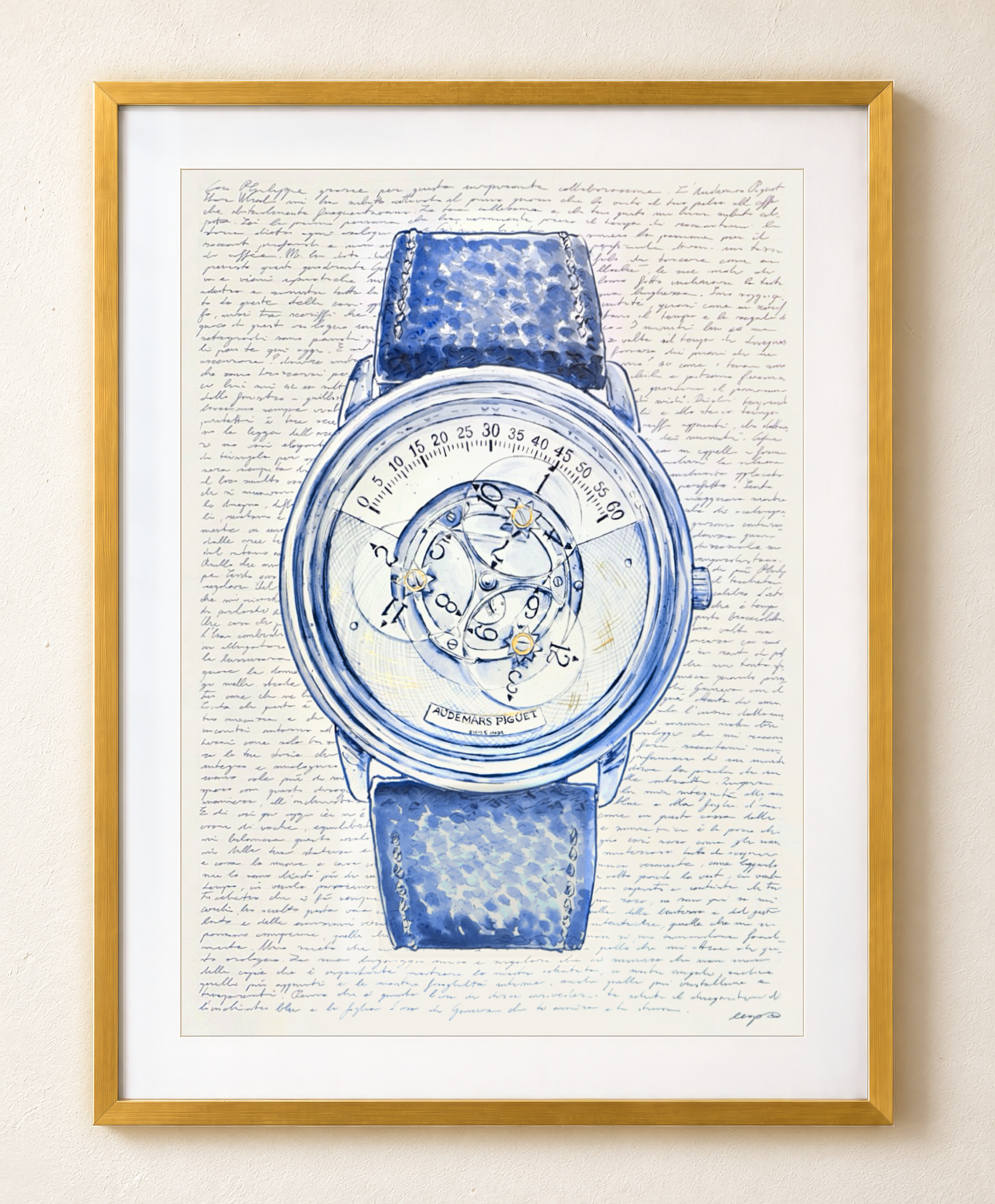 Framed presentation of Mauro Carraro’s Audemars Piguet Star Wheel Letter to Time artwork, with blue-ink drawing and handwriting.