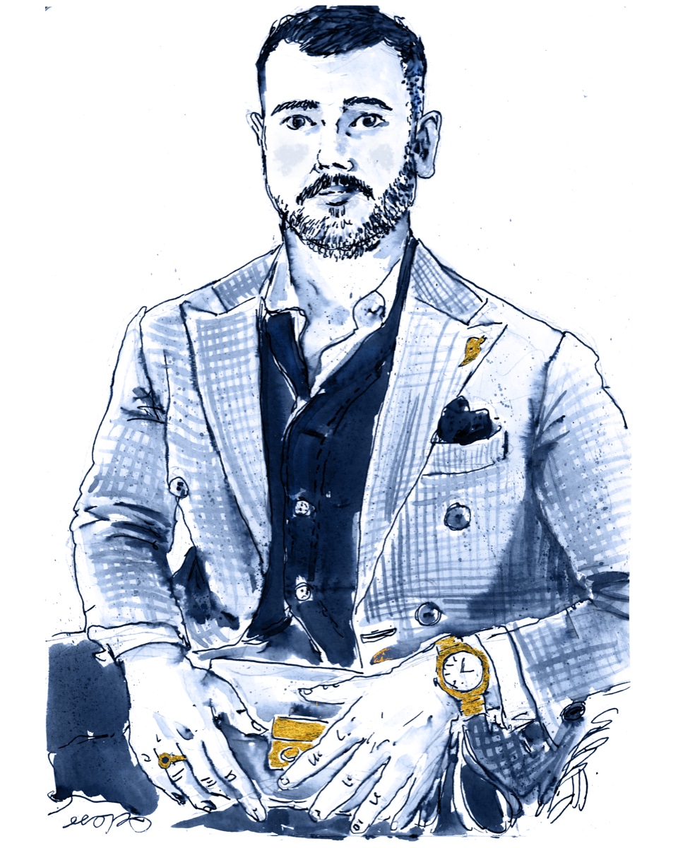 Blue-ink portrait of a seated bearded man wearing a jacket and wristwatch.