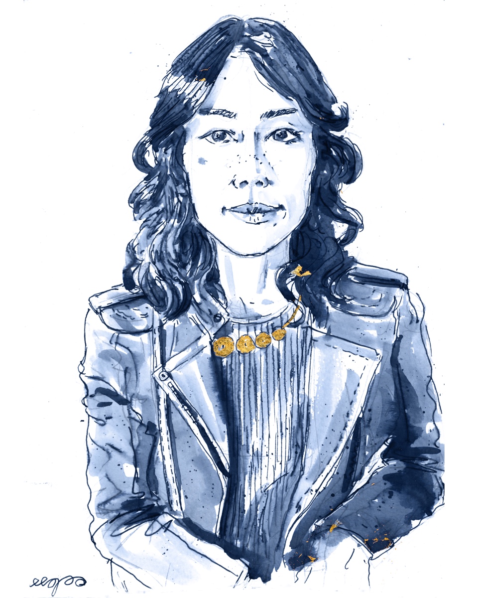 Blue-ink portrait of a woman with wavy hair, wearing a jacket and a gold-accented necklace.